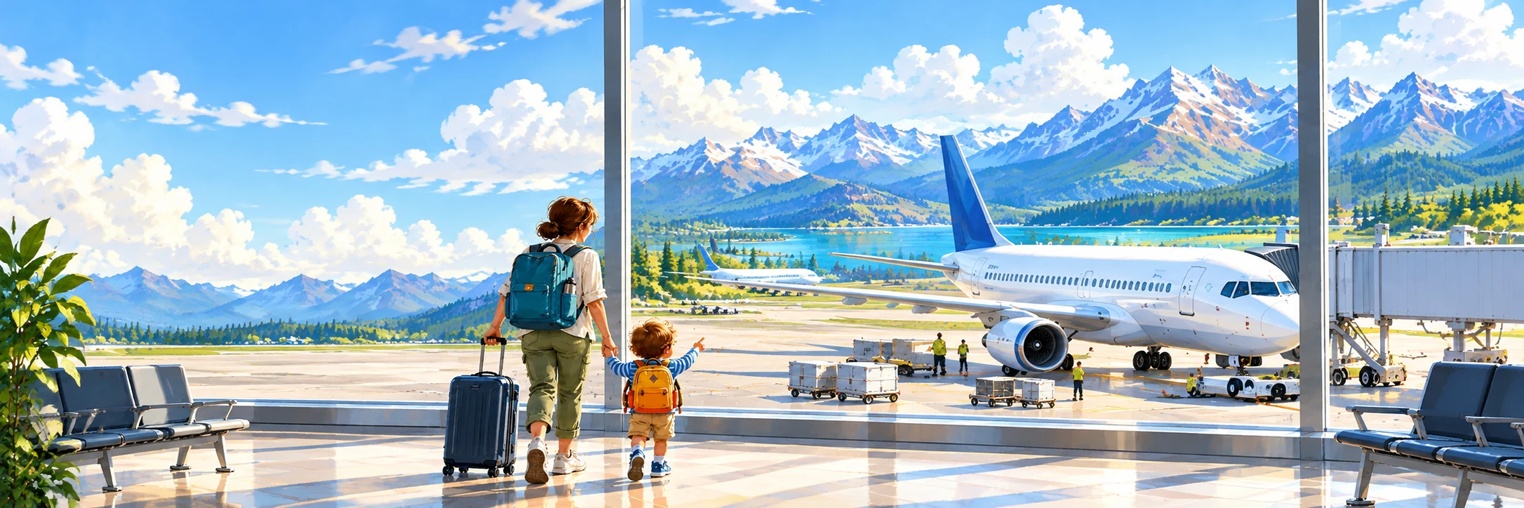 Illustrated family at an airport gate watching a passenger plane with mountains beyond