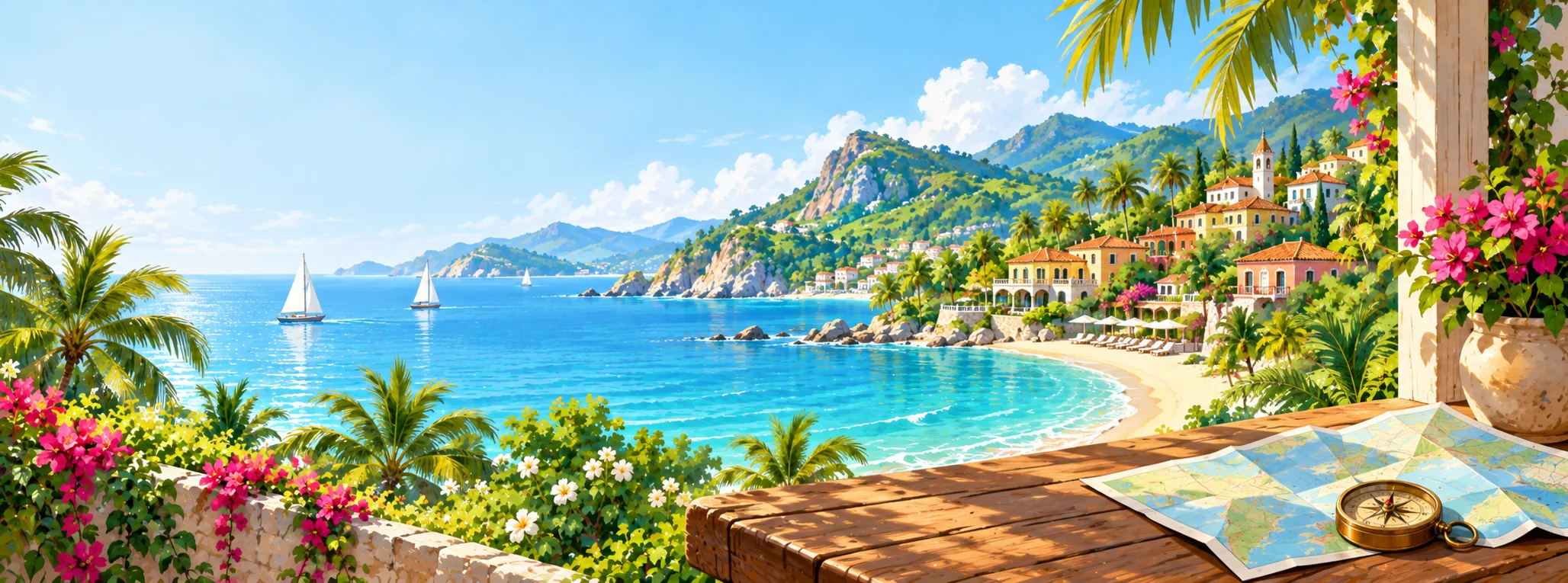 Illustrated turquoise coastal bay, palm trees, colorful seaside village, and a compass resting on a map