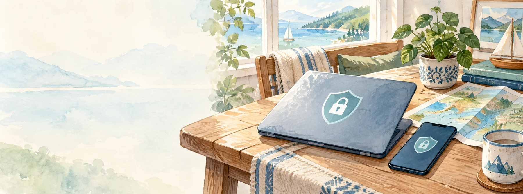Watercolor travel desk near a lake, with a laptop and phone displaying privacy shields.