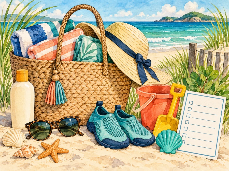 Beach packing items with a sun hat, towel, water shoes, and blank checklist