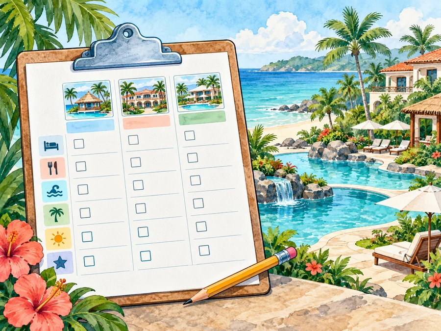 Blank resort comparison sheet beside an illustrated tropical pool and shoreline