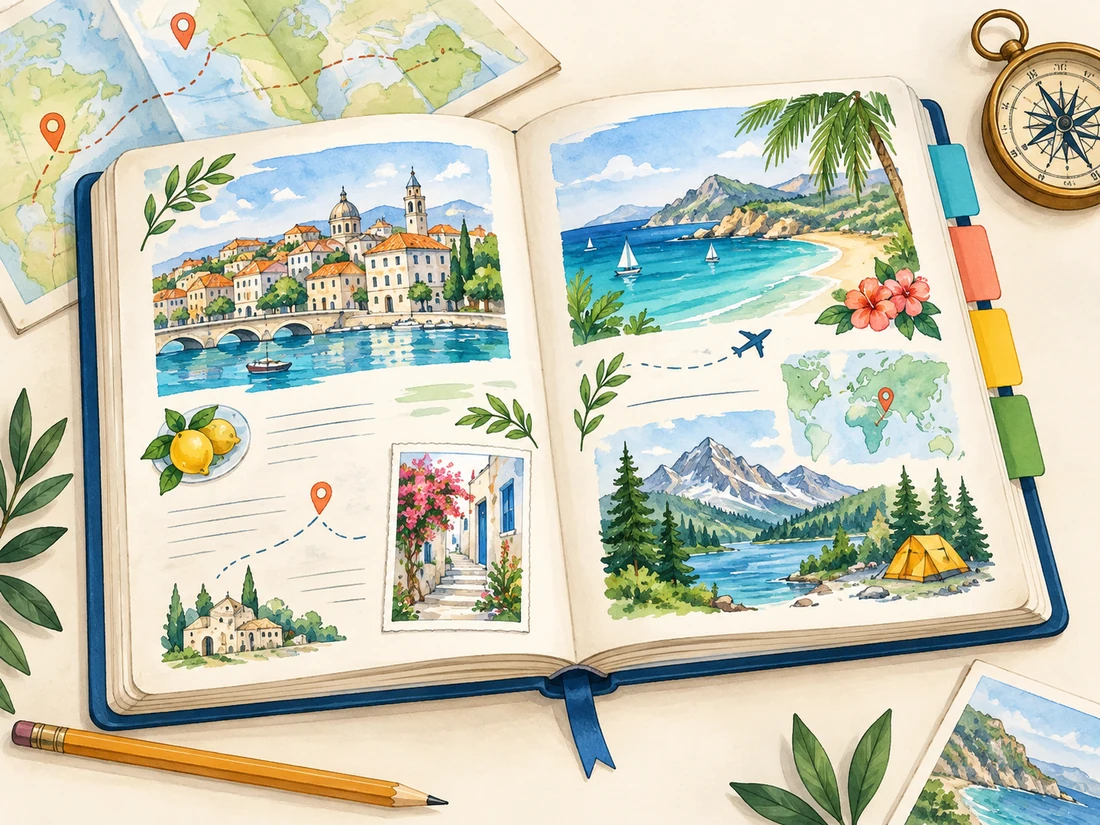 Open travel guide showing illustrated city, beach, and mountain destinations beside a folded map and compass