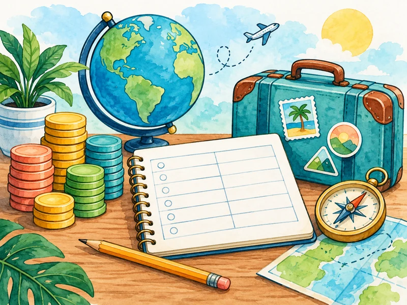 Travel budget notebook, coins, suitcase, and globe on a planning desk