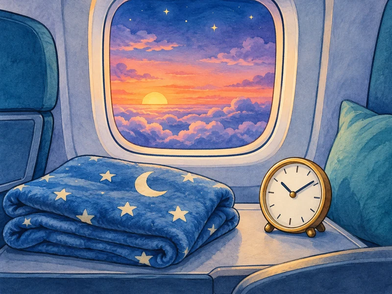 Airplane window at sunset above clouds with a folded blanket and clock