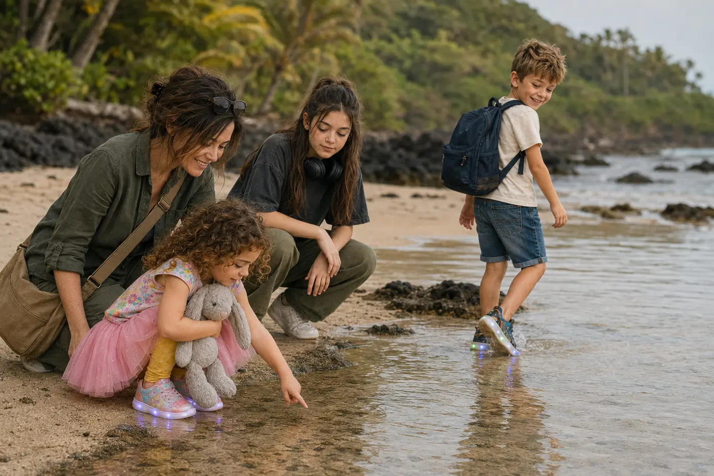 Sarah, Maya, Eli and Nora looking into a shallow tide pool on a calm Kauai beach