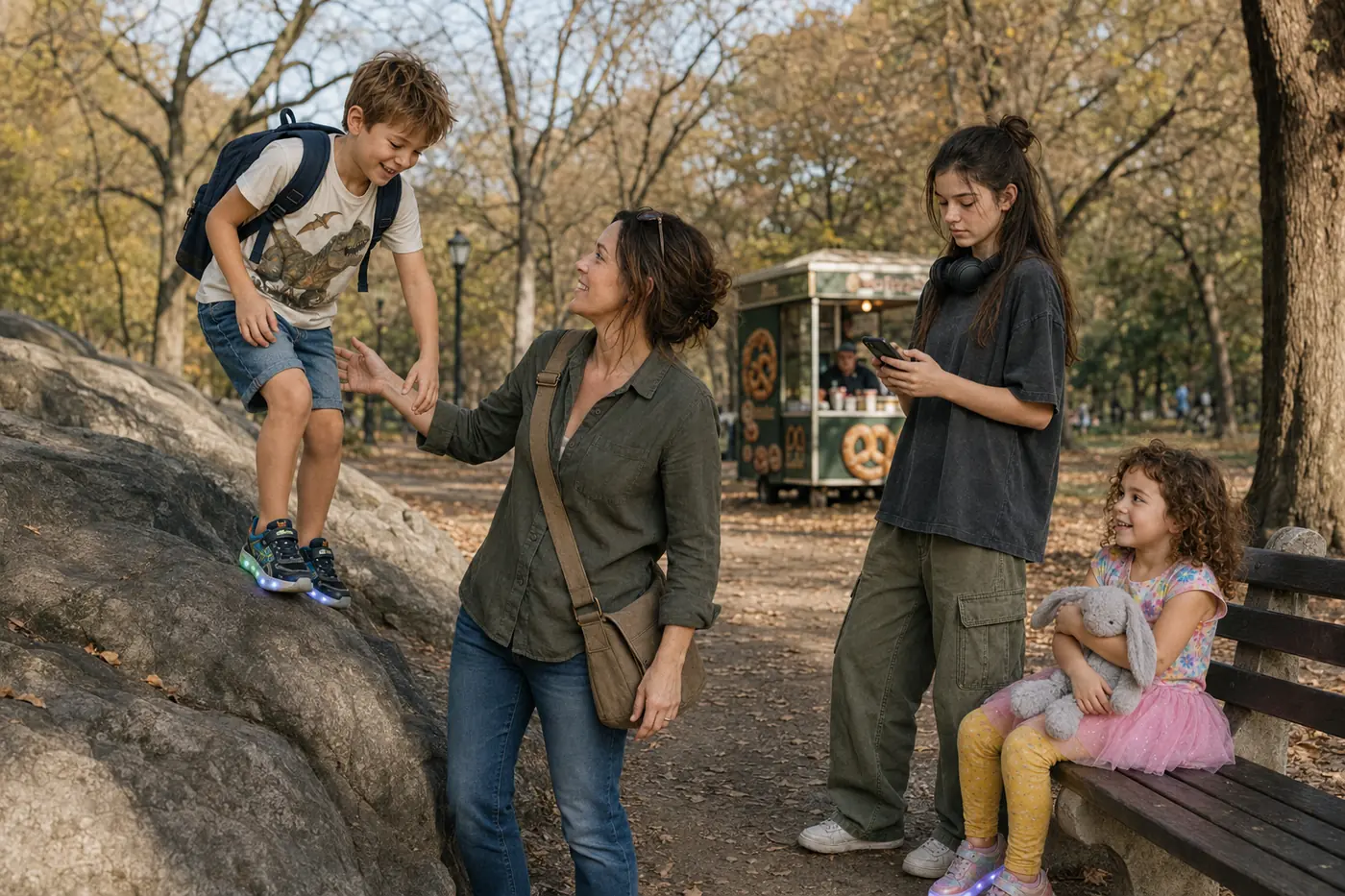The Mitchell family by a rock outcrop near a pretzel cart in a city park