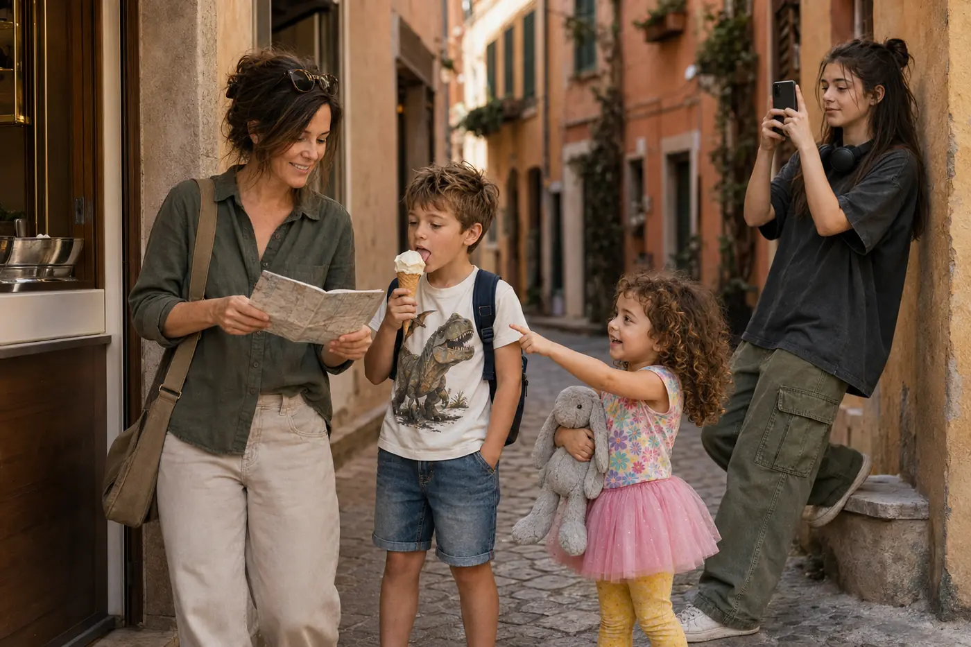 The Mitchell family stopping for gelato on a quiet cobblestone street in Rome