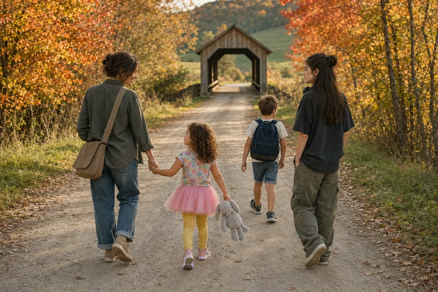 The Mitchell family walking a maple-lined dirt road toward a covered bridge in autumn
