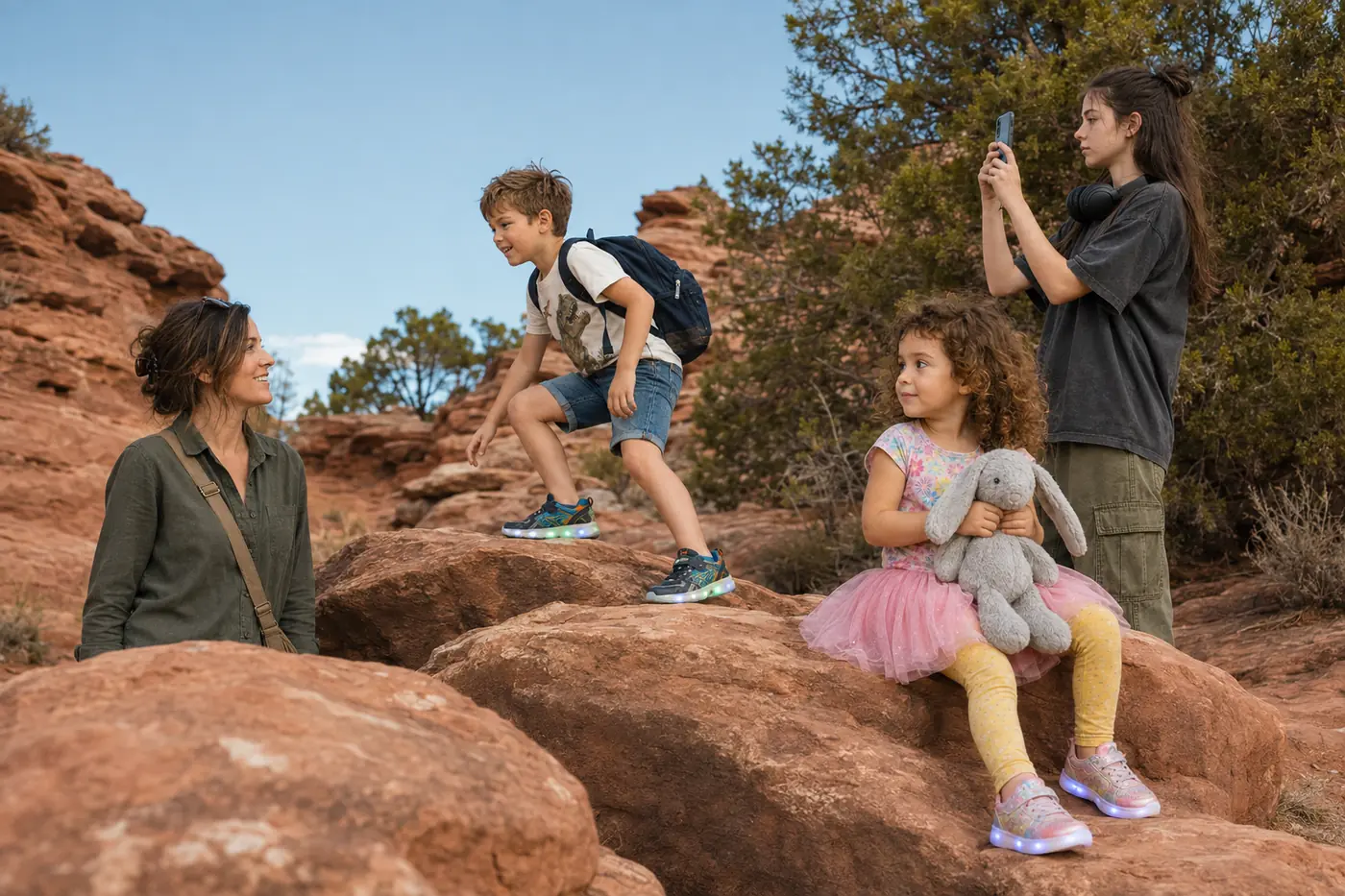 The Mitchell family on a red-rock trail among sandstone formations in Sedona