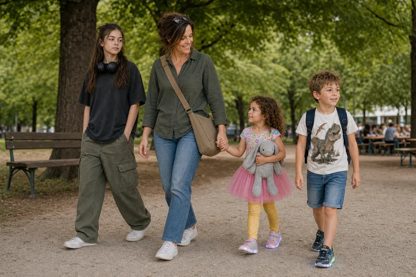 The Mitchell family walking a tree-lined park path near a beer-garden in Munich
