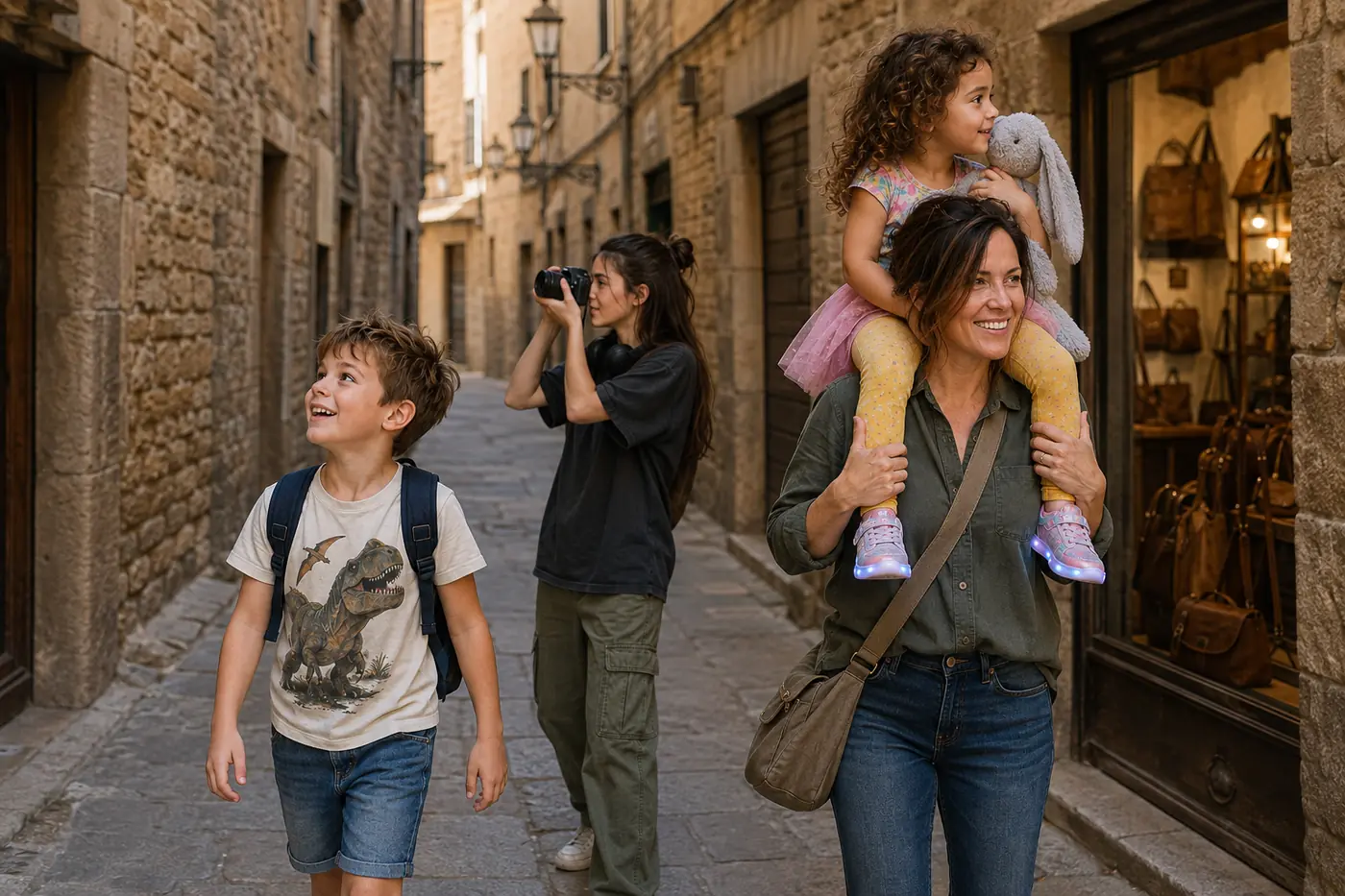 The Mitchell family walking a narrow stone street past a leather workshop in Florence