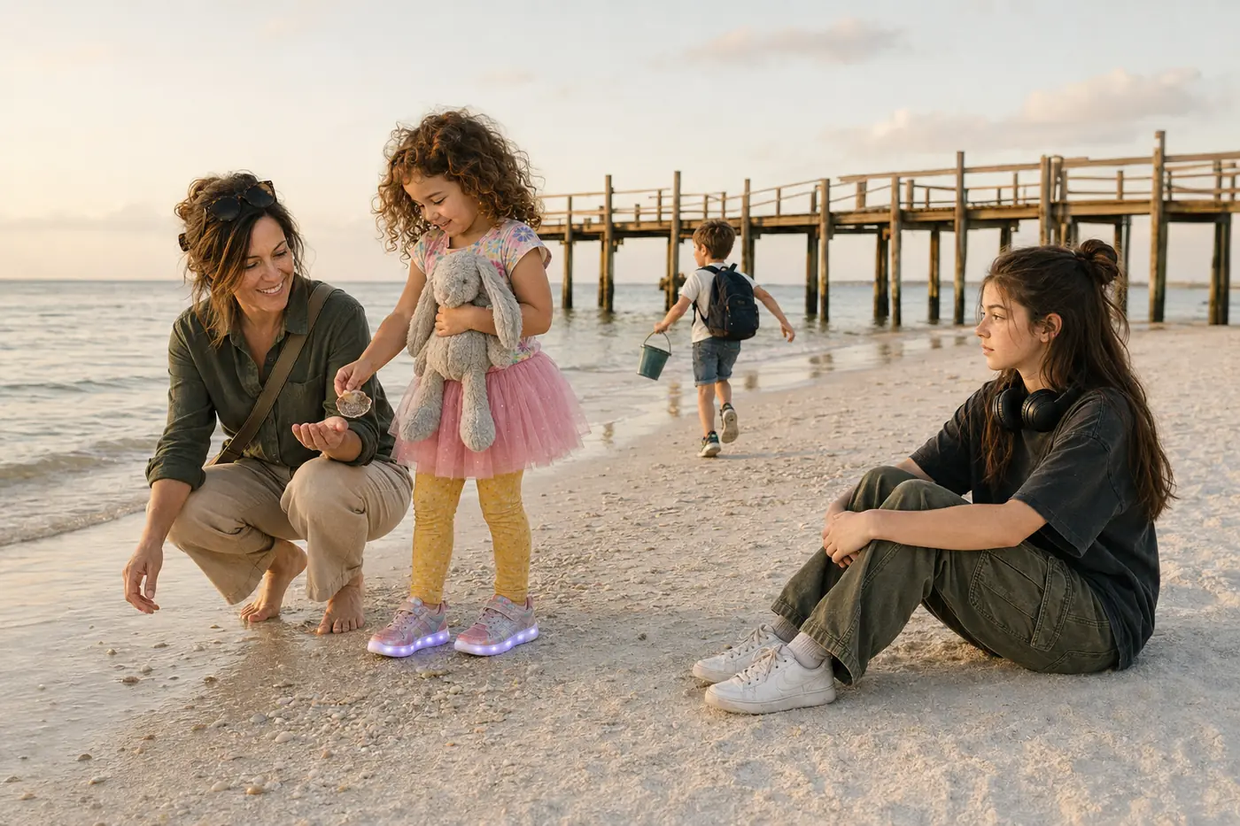 Sarah and the kids collecting shells on a Gulf-coast beach near a wooden fishing pier