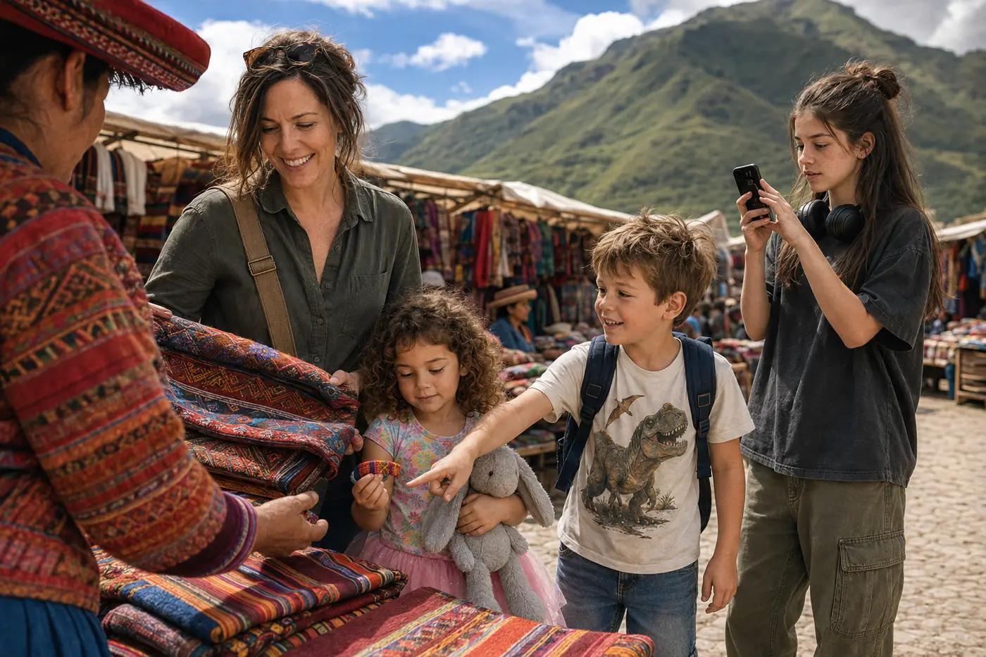 The Mitchell family looking at woven textiles at a colourful Andean craft market
