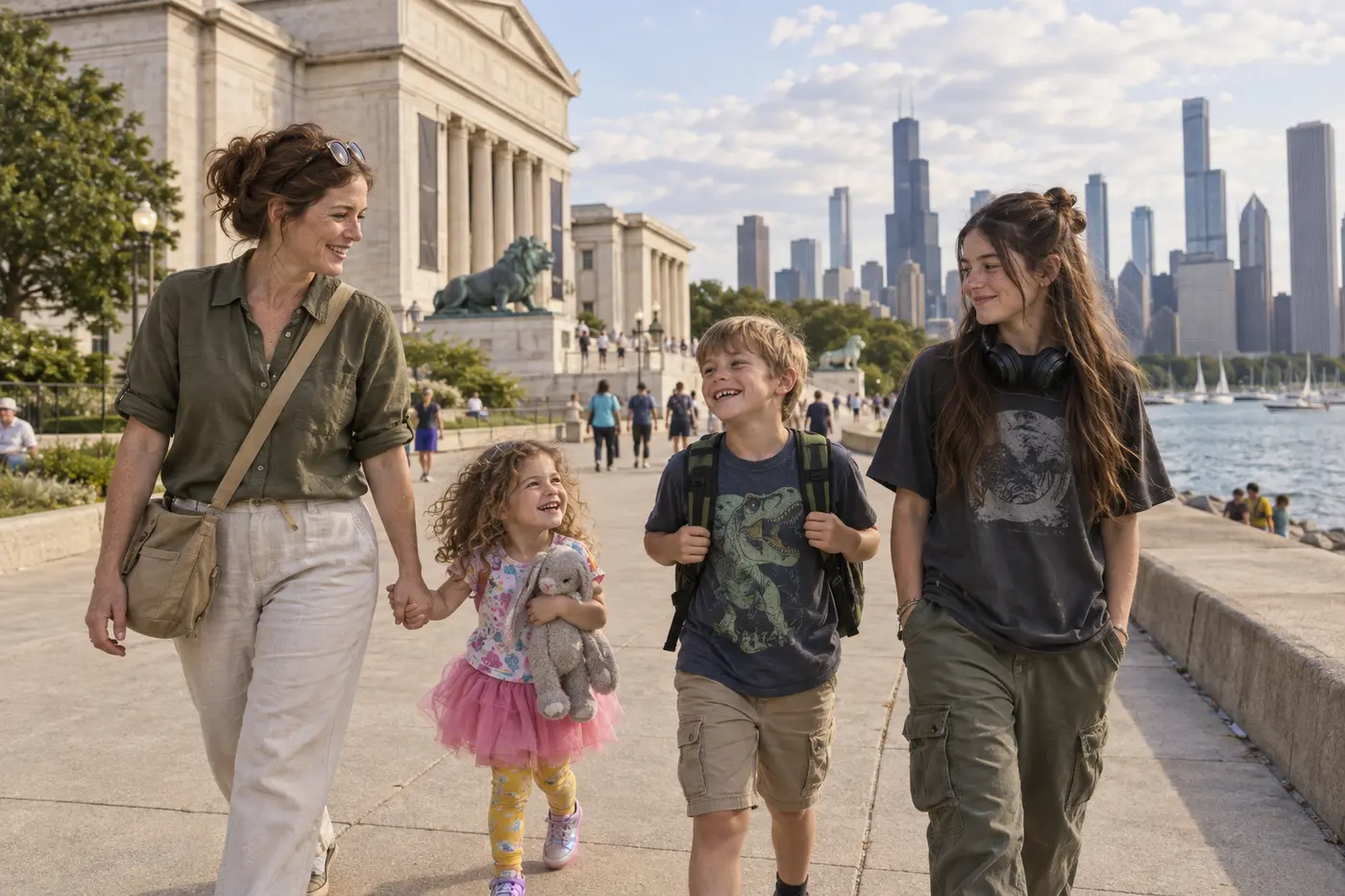 AI-generated Mitchell family scene on Chicago's Museum Campus with the Field Museum and Chicago skyline behind them