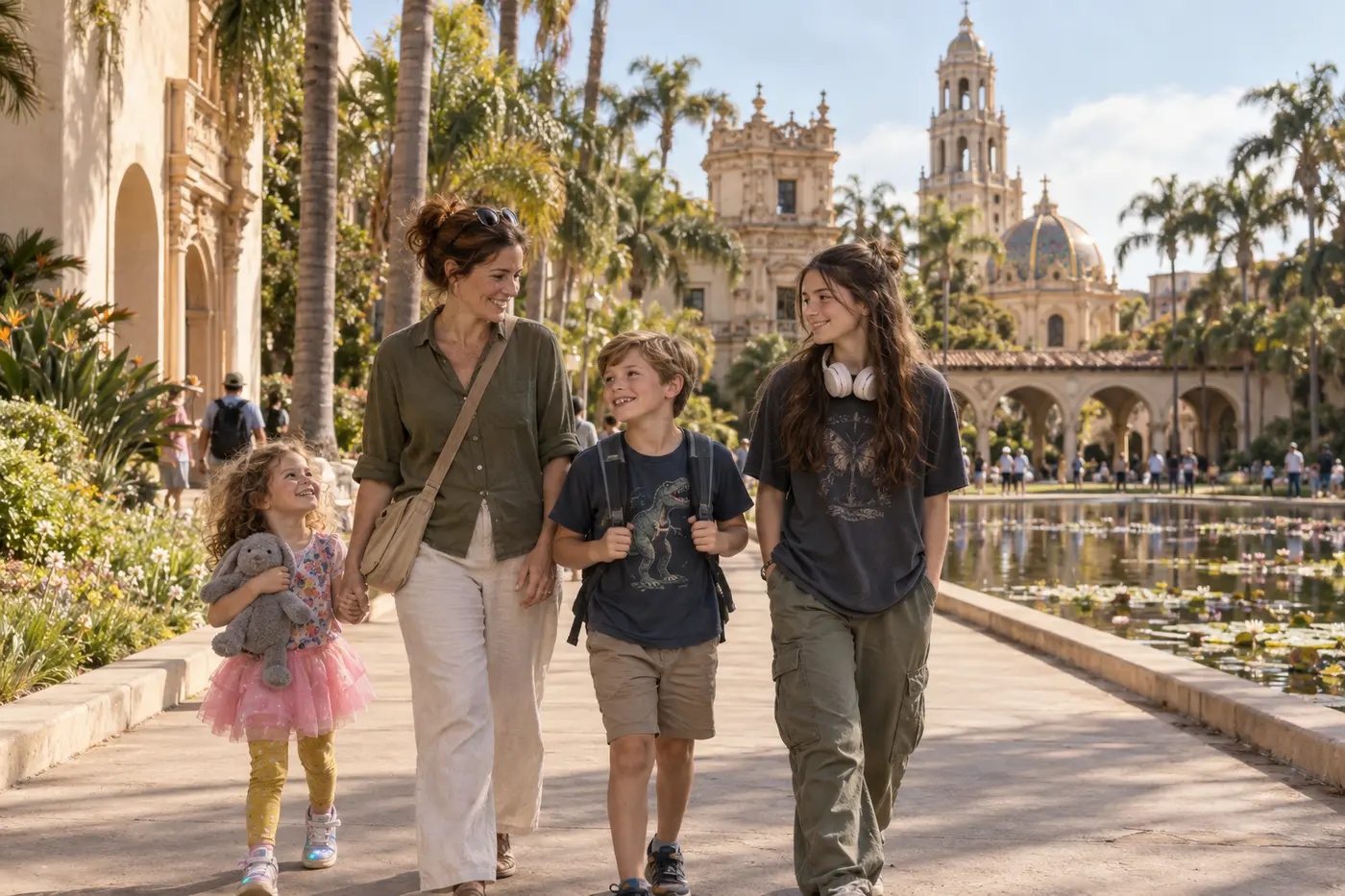AI-generated Mitchell family scene walking through Balboa Park in San Diego