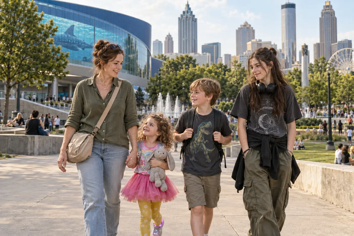 AI-generated Mitchell family scene outside the Georgia Aquarium with Centennial Olympic Park in downtown Atlanta