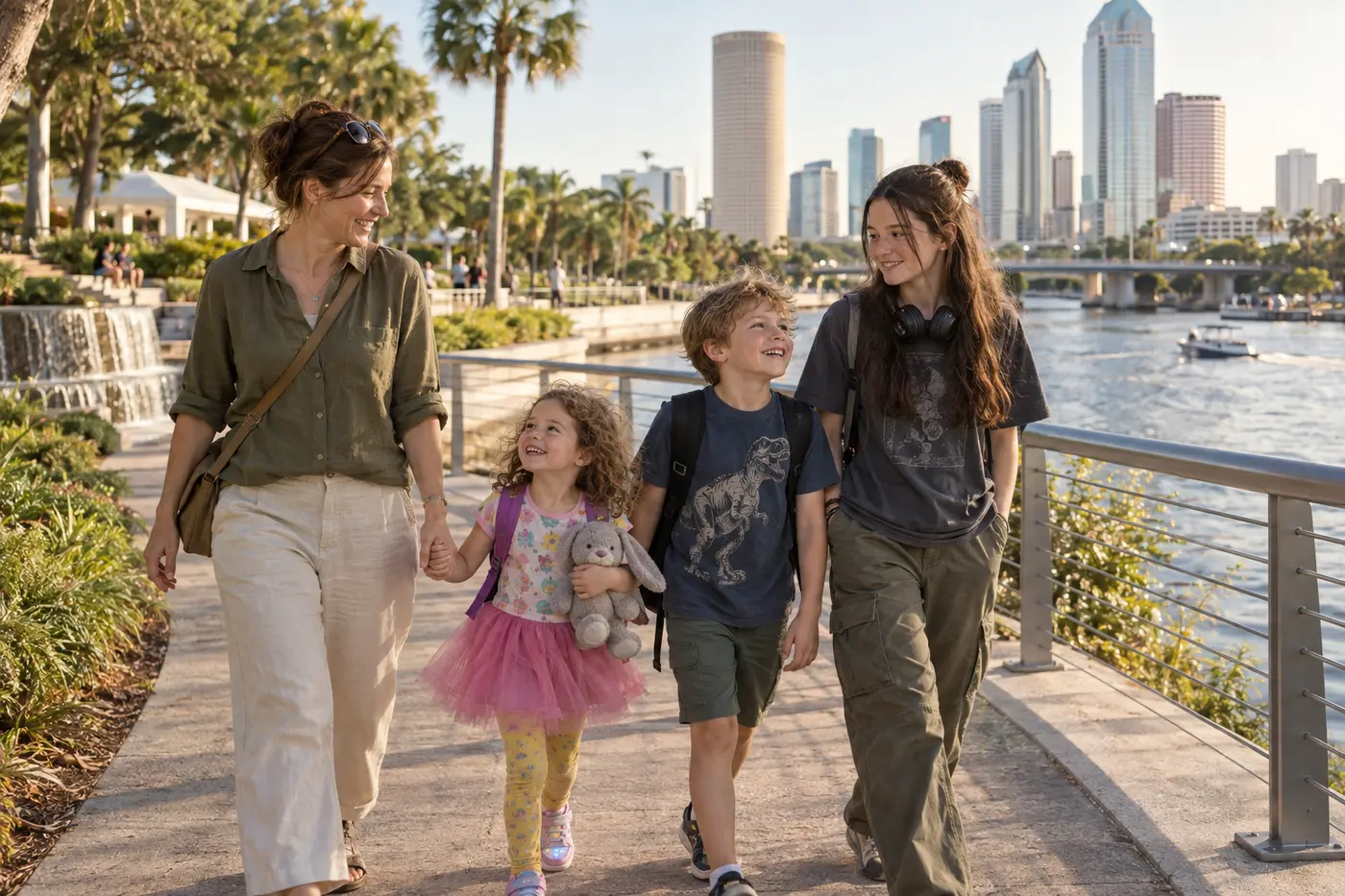 AI-generated Mitchell family scene at Water Works Park on Tampa's Hillsborough River