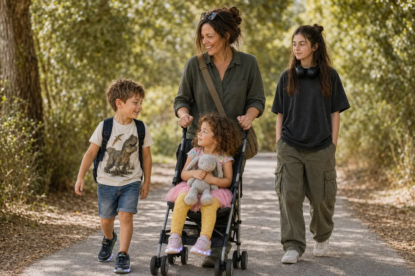 Sarah pushing Nora in a compact folding travel stroller along a tree-lined park path