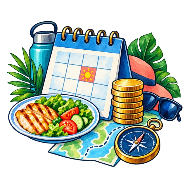 Watercolor day calendar, meal, coins, compass, and map