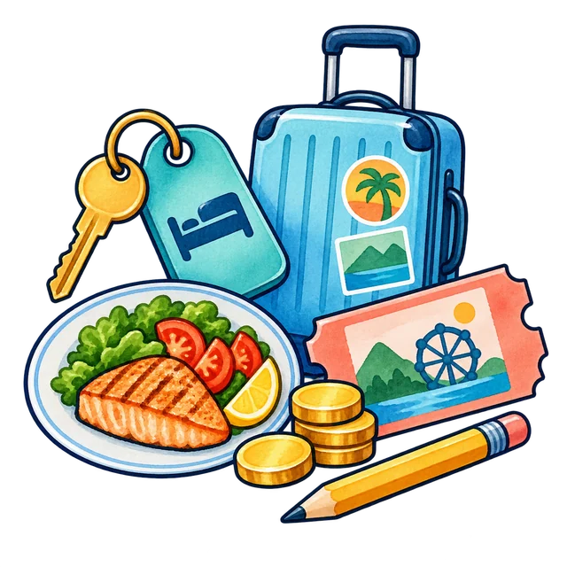 Watercolor suitcase, hotel key, meal, ticket, and coins