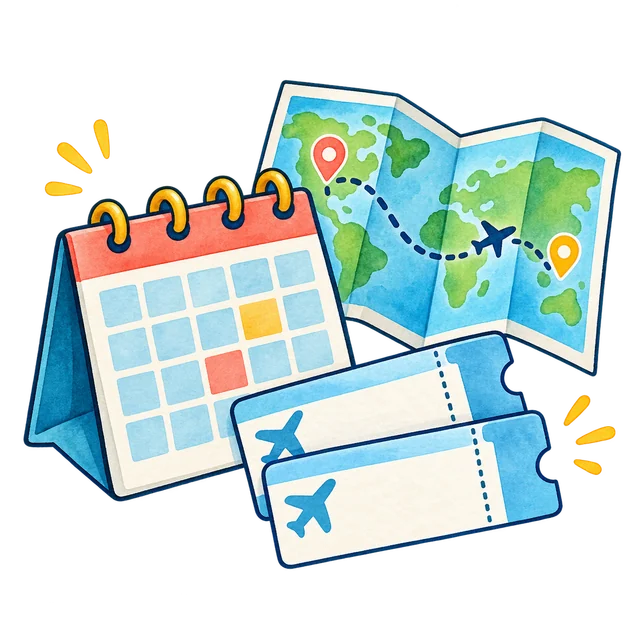 Watercolor calendar, route map, and plane tickets