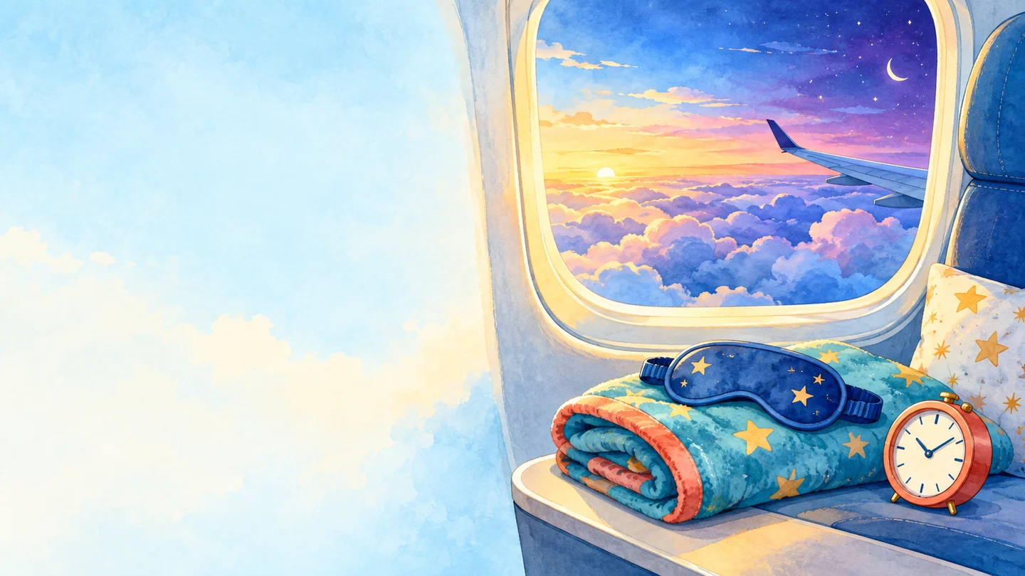 Airplane window over clouds at dusk with a folded star blanket, sleep mask, and analog clock