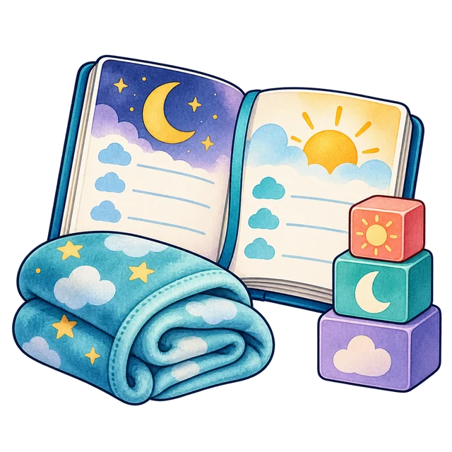Watercolor sleep journal, folded blanket, and three sleep-symbol blocks