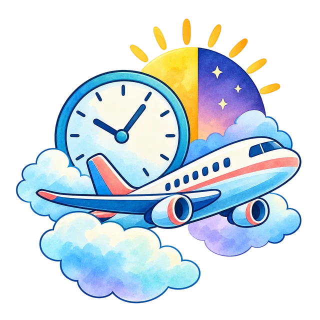 Watercolor airplane, clouds, clock, sun, and twilight sky