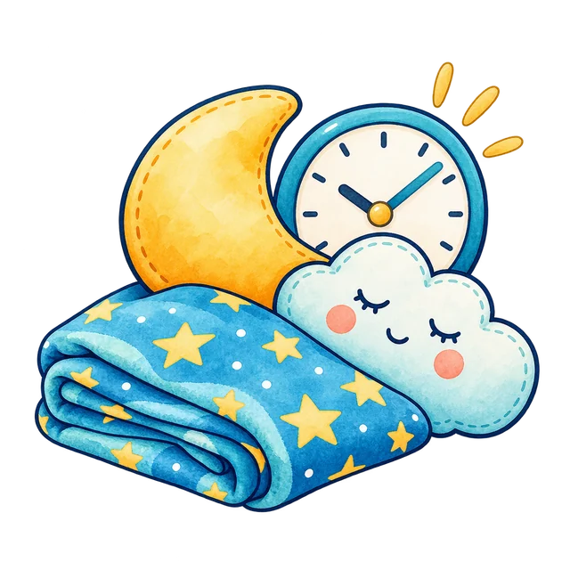 Watercolor folded sleep blanket, moon pillow, soft cloud toy, and clock
