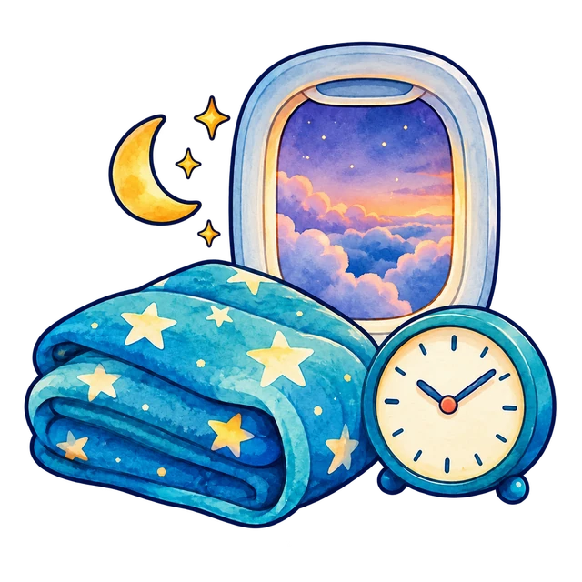A twilight airplane window, folded blanket, crescent moon, and clock