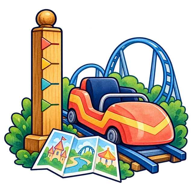 Watercolor roller-coaster car, measuring post, and park guide